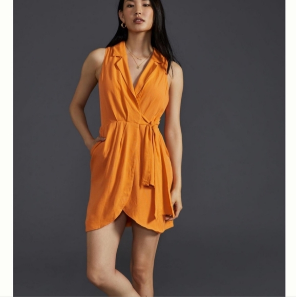 Anthropologie Linen Blend Wrap Mini Midi Dress Orange NWT
